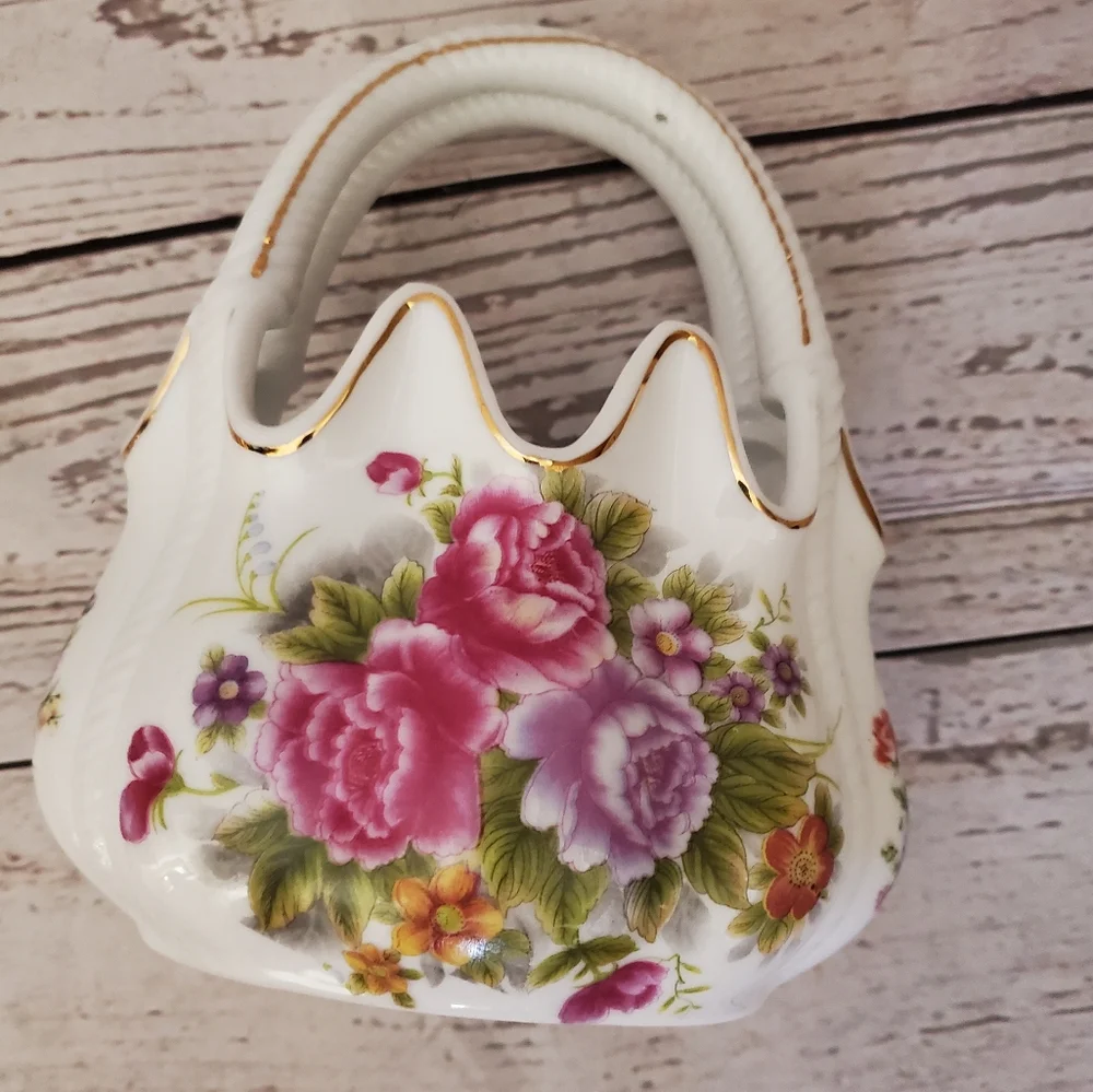 Vintage porcelain basket with flowers on it white, pink, purple, green